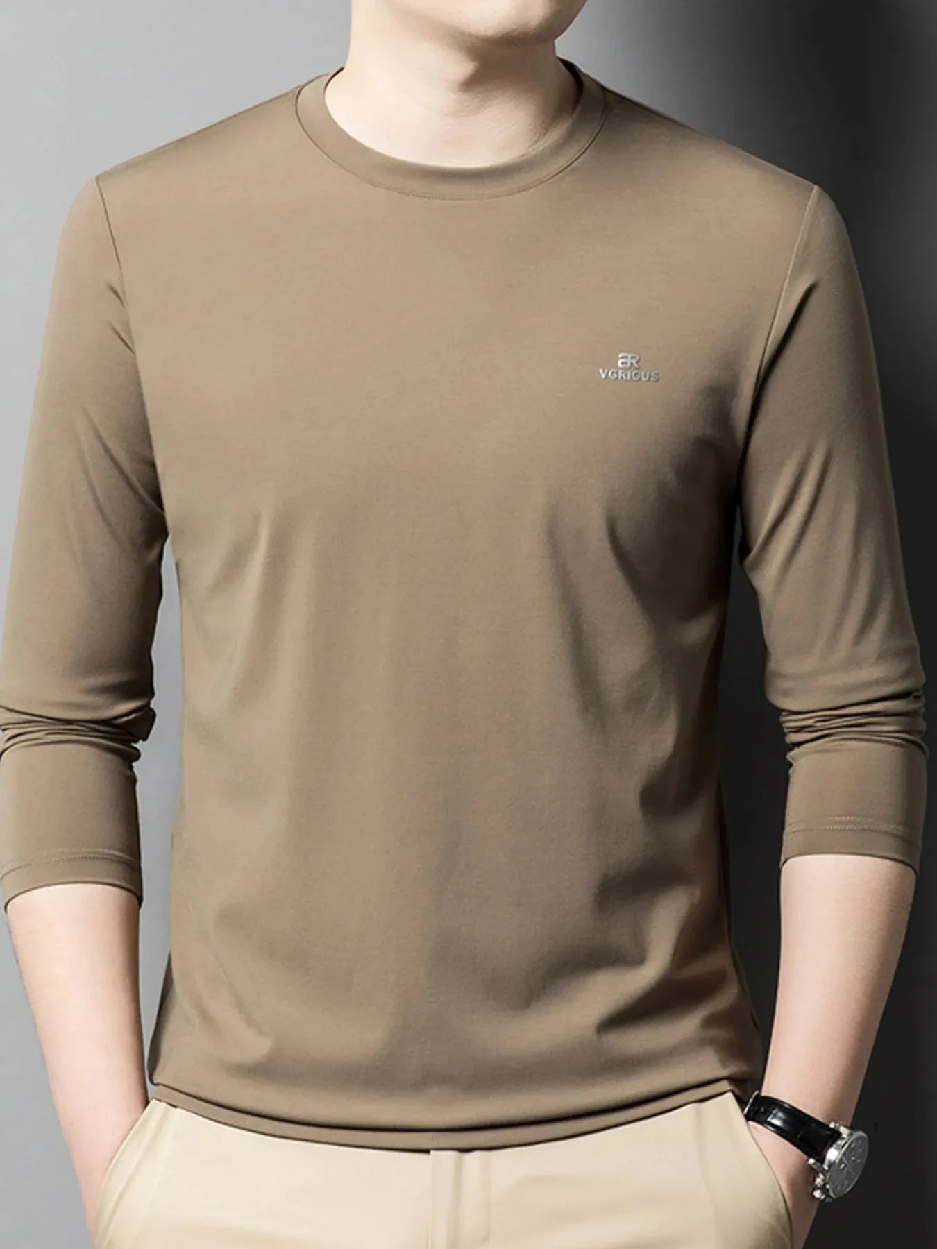 Men's Plus Size Round Neck Long Sleeve T-Shirt Khakis / M