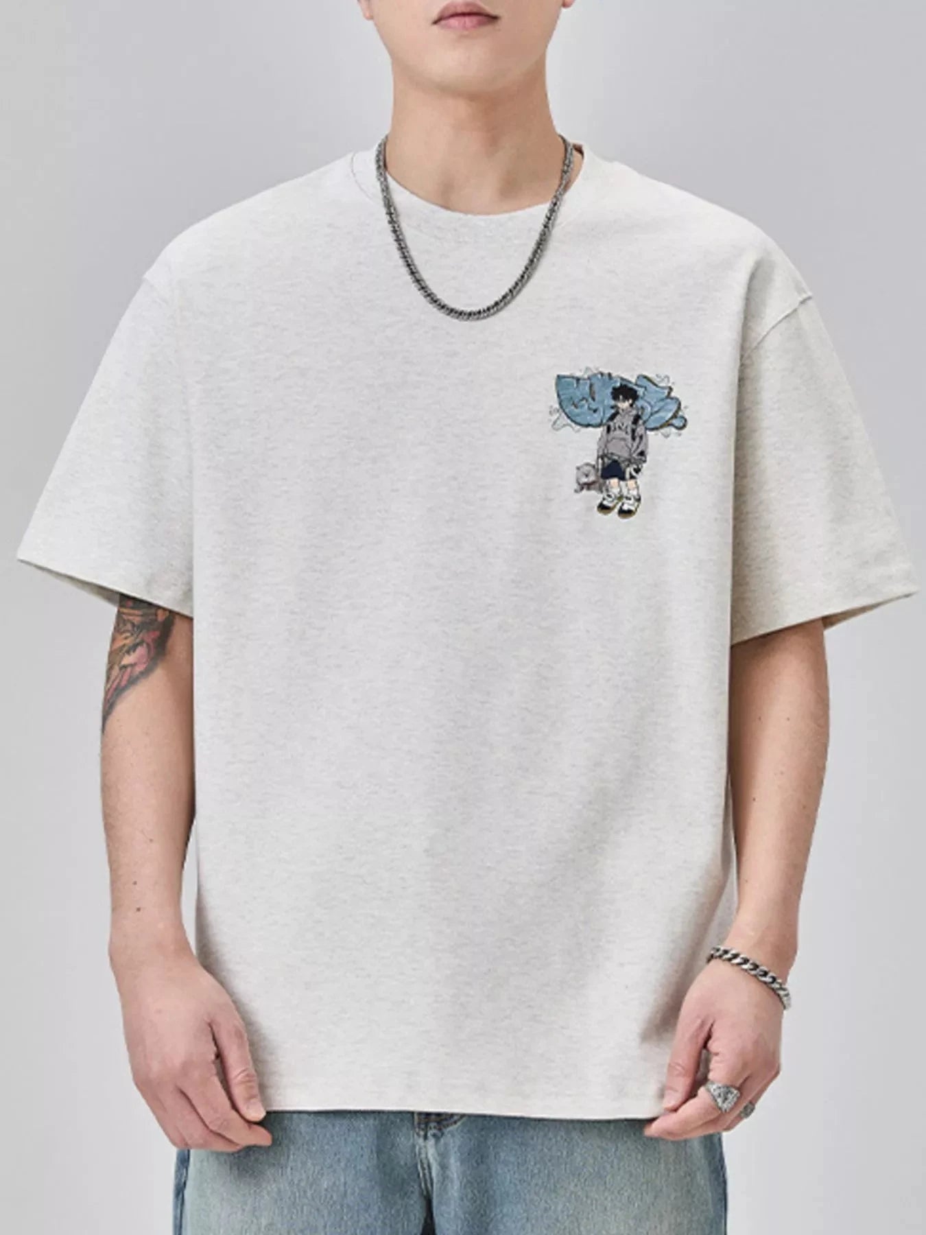 Men's Plus Size Round Neck Short Sleeve T-Shirt Flower Gray / M