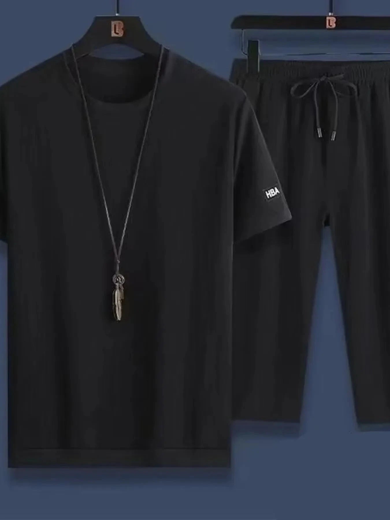 Men's Plus Size Round Neck Short Sleeve Top and Shorts Set Black / M