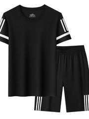 Men's Plus Size Round Neck Short Sleeve Top and Shorts Set Black / M