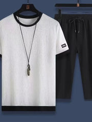 Men's Plus Size Round Neck Short Sleeve Top and Shorts Set White / M