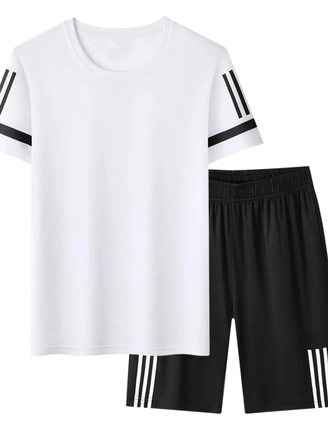 Men's Plus Size Round Neck Short Sleeve Top and Shorts Set White / M