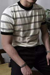 Men's Plus Size Round Neck Striped T-Shirt Beige / 3XL