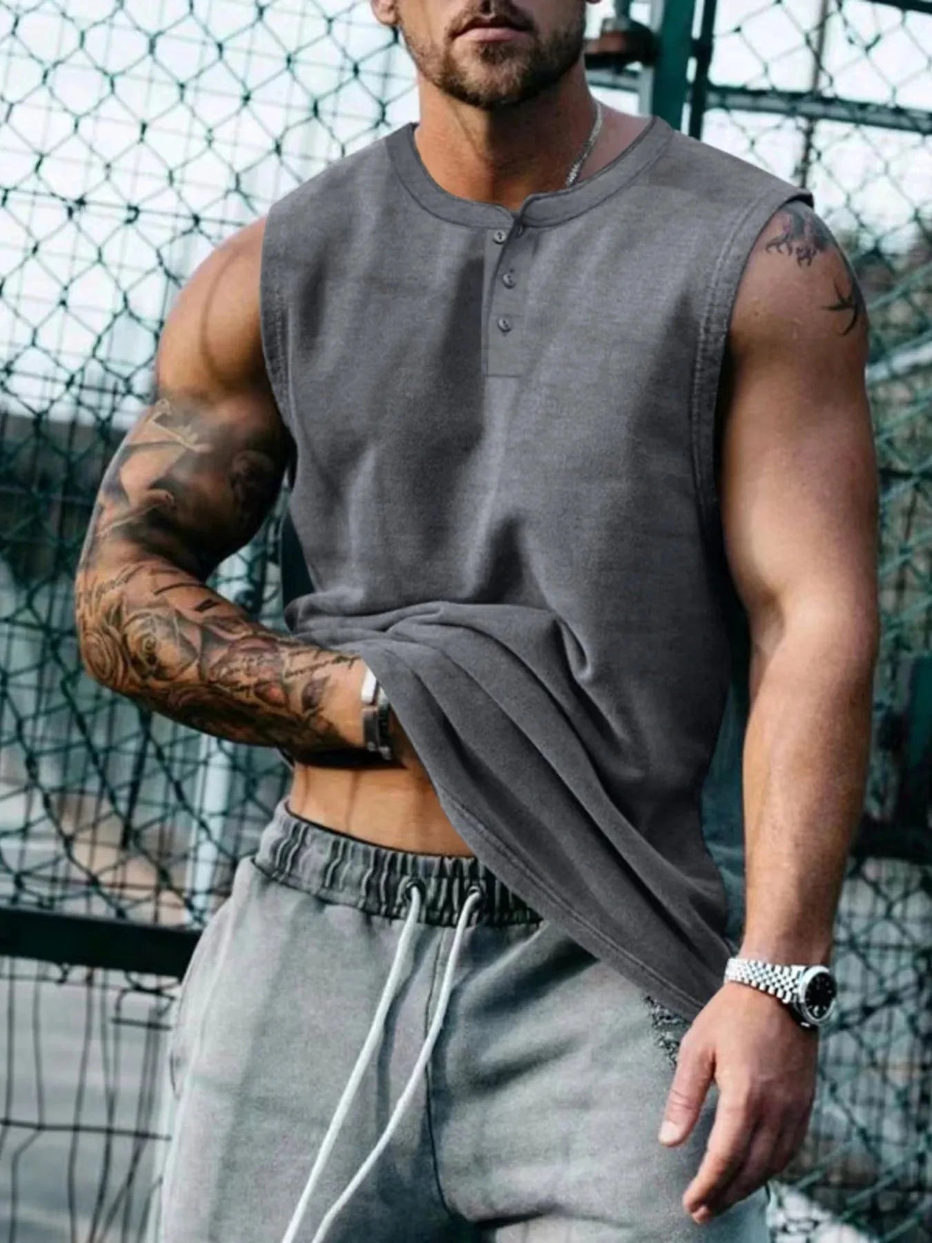 Men's Plus Size Round Neck Tank Dark Gray / M