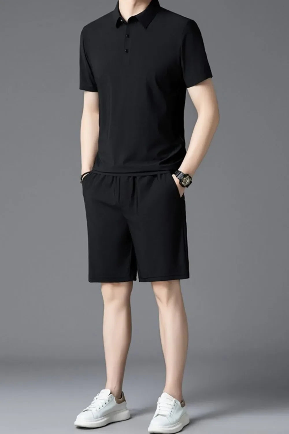 Men's Plus Size Short Sleeve Polo and Shorts Set Black / M