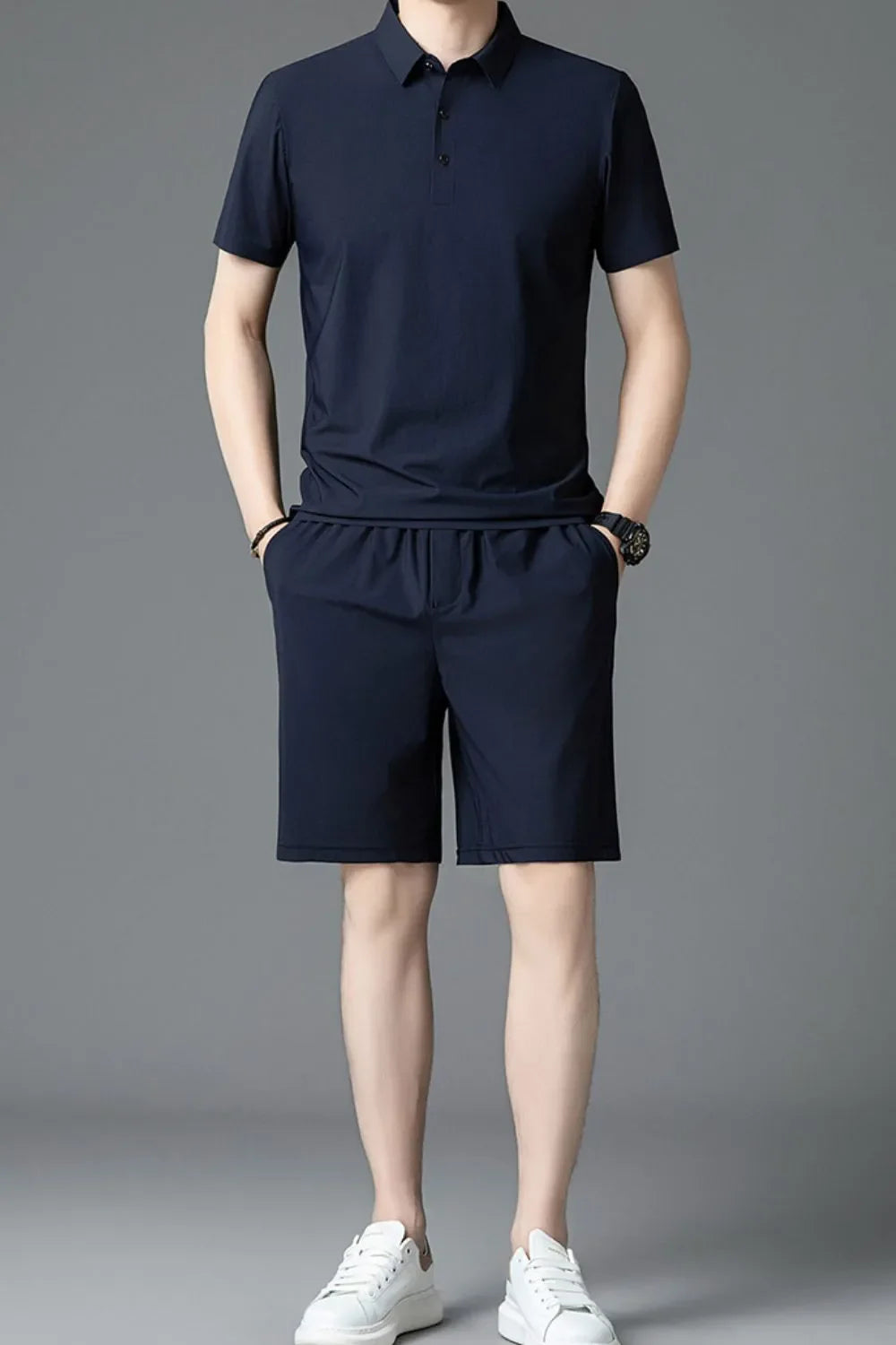 Men's Plus Size Short Sleeve Polo and Shorts Set Navy Blue / M