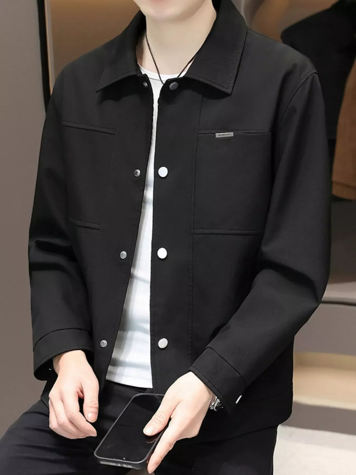 Men's Plus Size Snap Down Long Sleeve Jacket Black / M