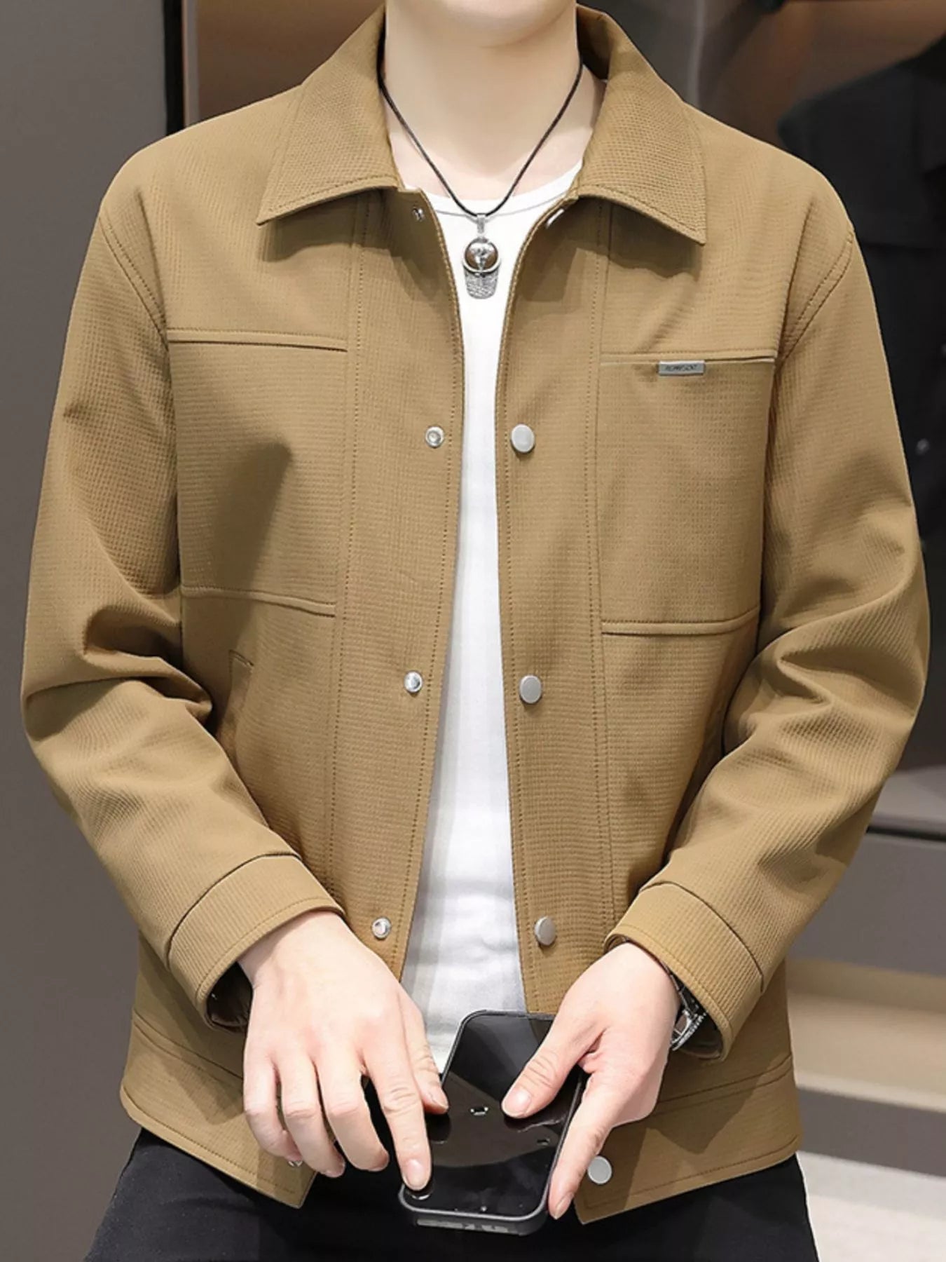 Men's Plus Size Snap Down Long Sleeve Jacket Caramel / M