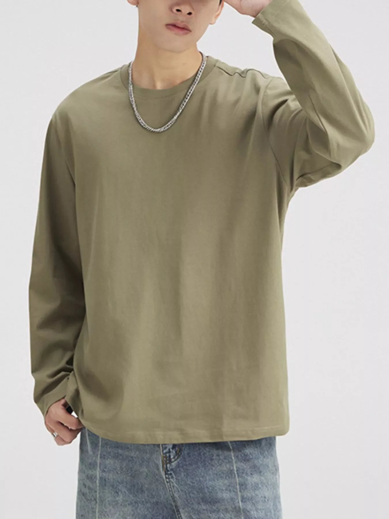 Men's Plus Size Solid Color Casual Long Sleeve T-Shirt Khaki / M