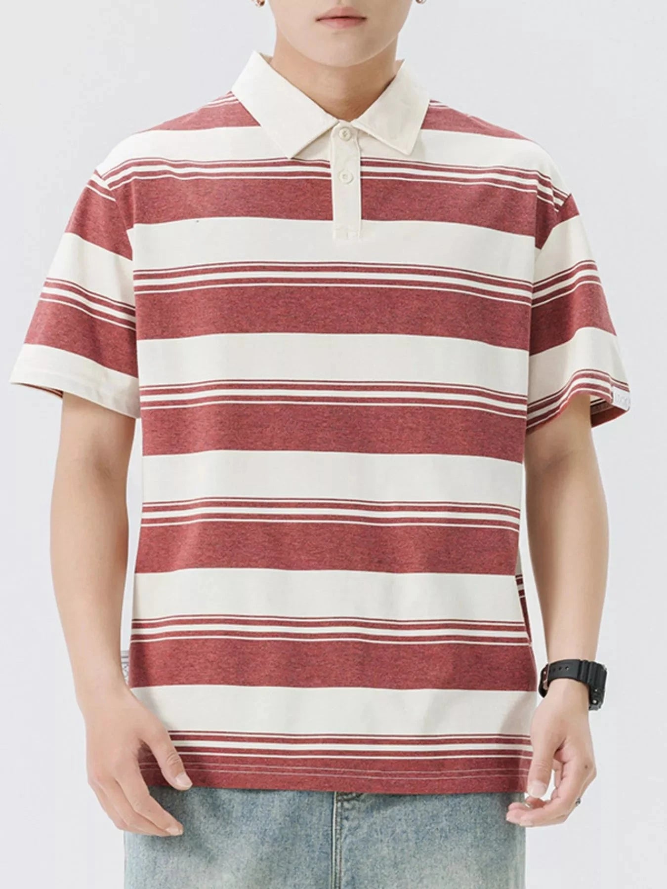 Men's Plus Size Striped Button Detail Short Sleeve Polo