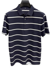 Men's Plus Size Striped Button Detail Short Sleeve Polo Blue And White Strips / M