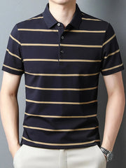 Men's Plus Size Striped Button Detail Short Sleeve Polo Blue And Yellow / M