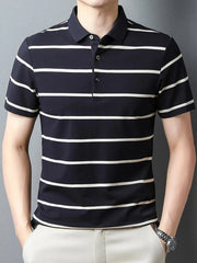 Men's Plus Size Striped Button Detail Short Sleeve Polo Blue Apricot / M