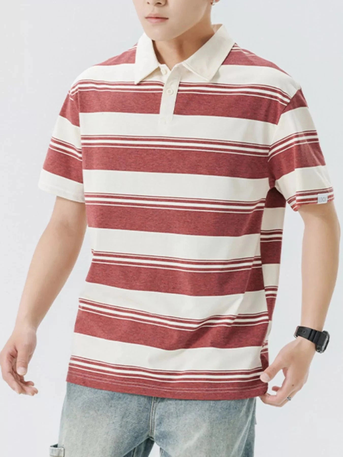 Men's Plus Size Striped Button Detail Short Sleeve Polo Burgundy / M