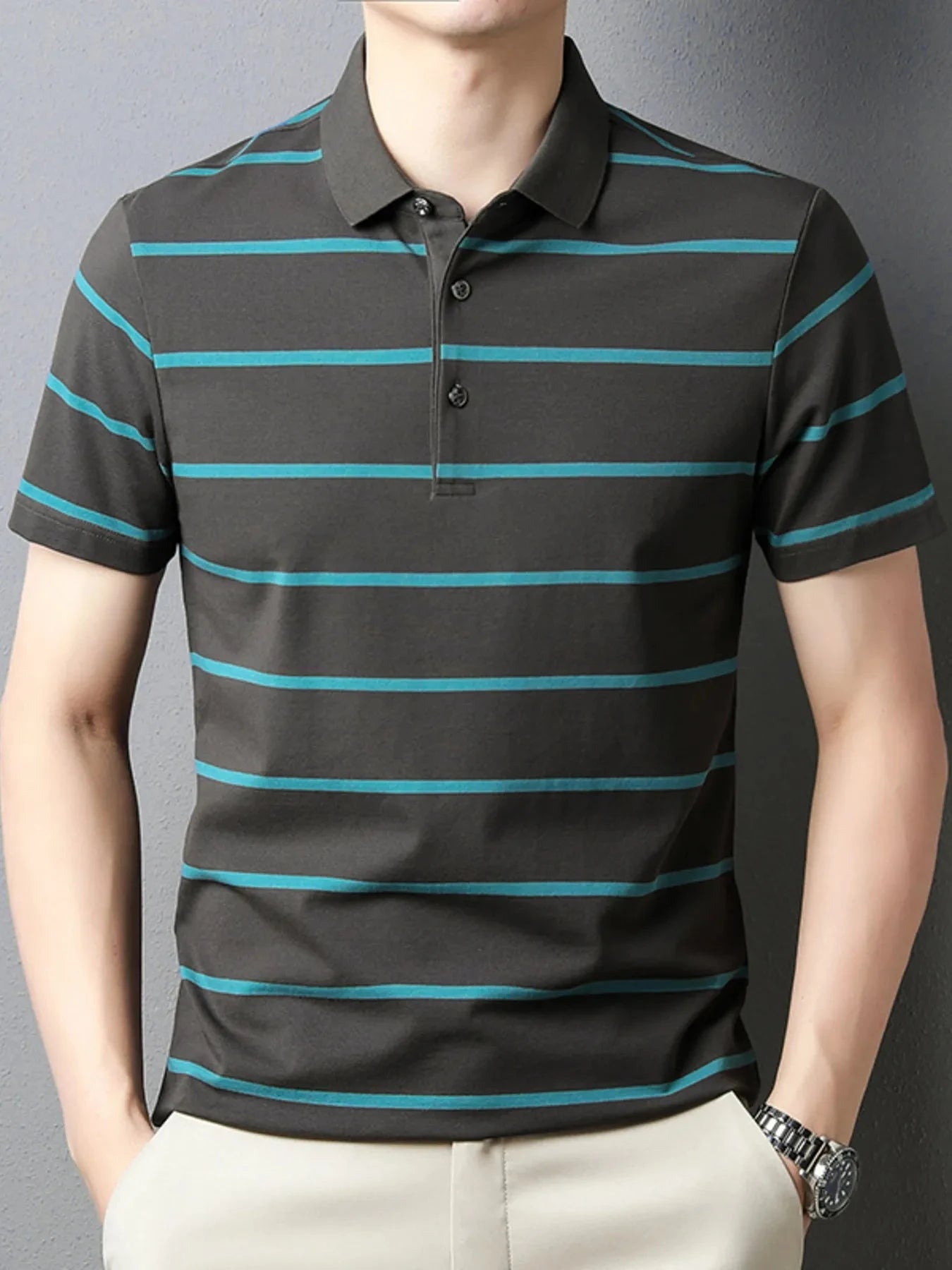 Men's Plus Size Striped Button Detail Short Sleeve Polo Gray Blue / M