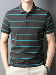 Men's Plus Size Striped Button Detail Short Sleeve Polo Gray Blue / M