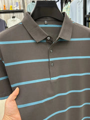 Men's Plus Size Striped Button Detail Short Sleeve Polo Gray Blue Strip / M