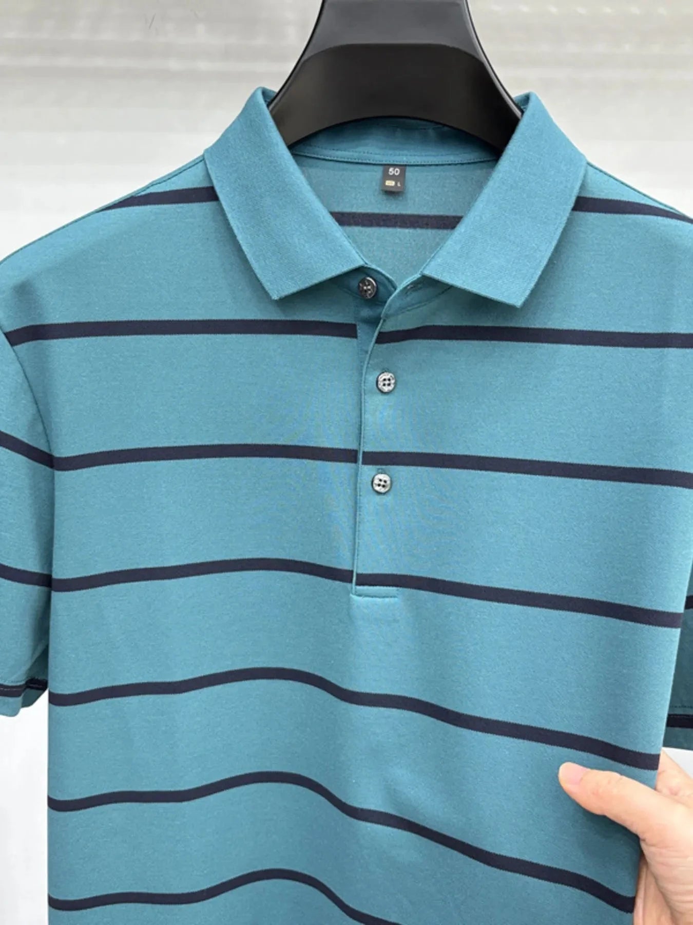Men's Plus Size Striped Button Detail Short Sleeve Polo Green And Blue Strips / M