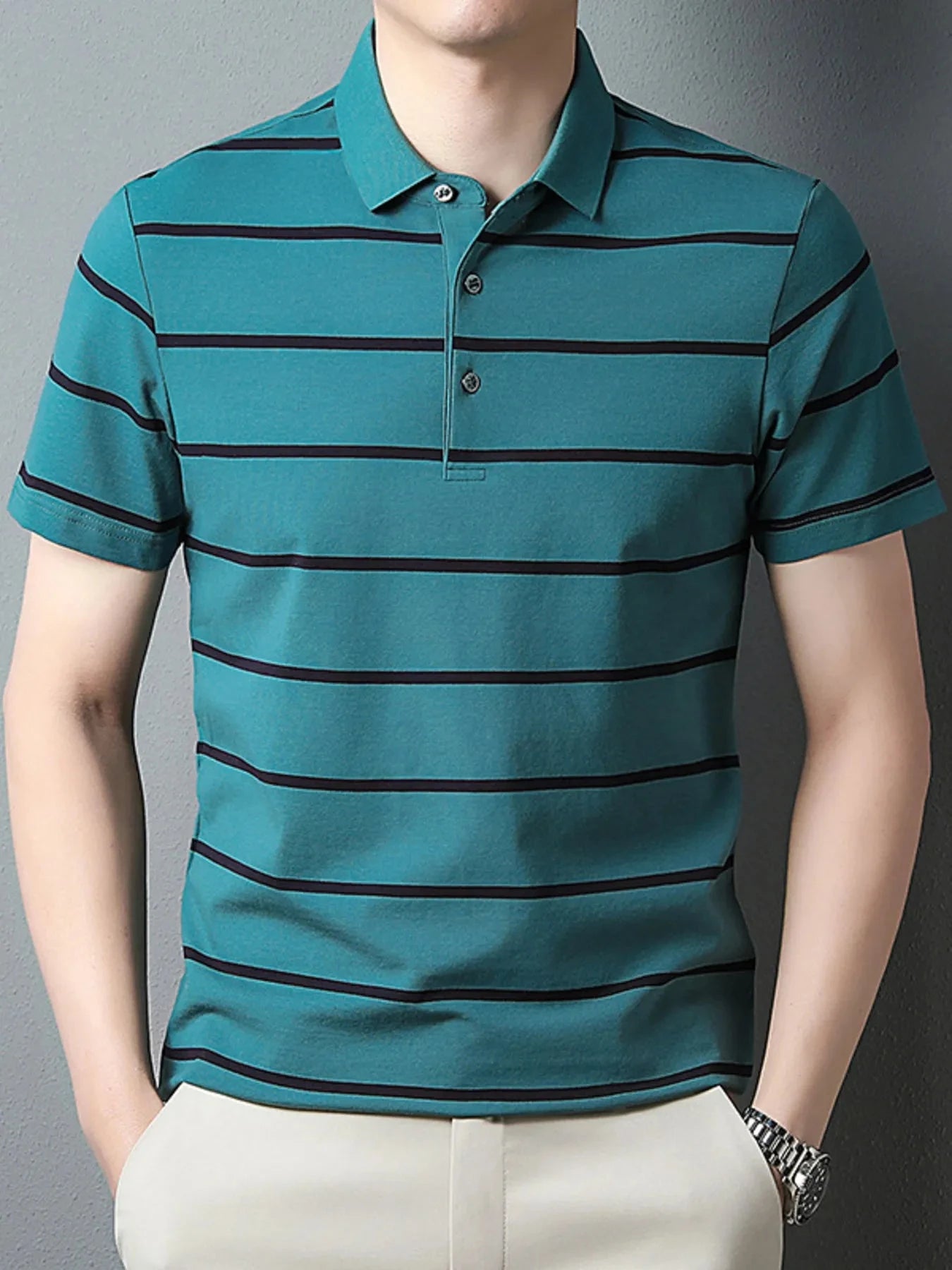 Men's Plus Size Striped Button Detail Short Sleeve Polo Green Blue / M