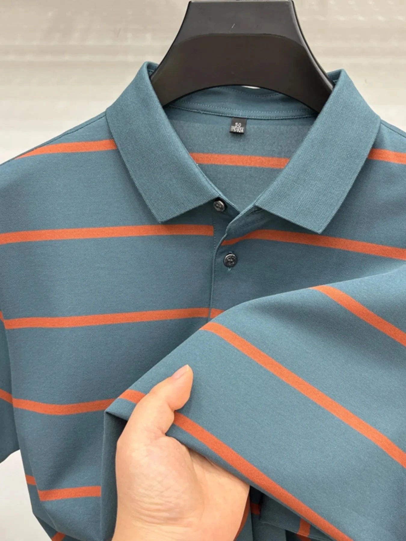 Men's Plus Size Striped Button Detail Short Sleeve Polo Green Orange Strips / M