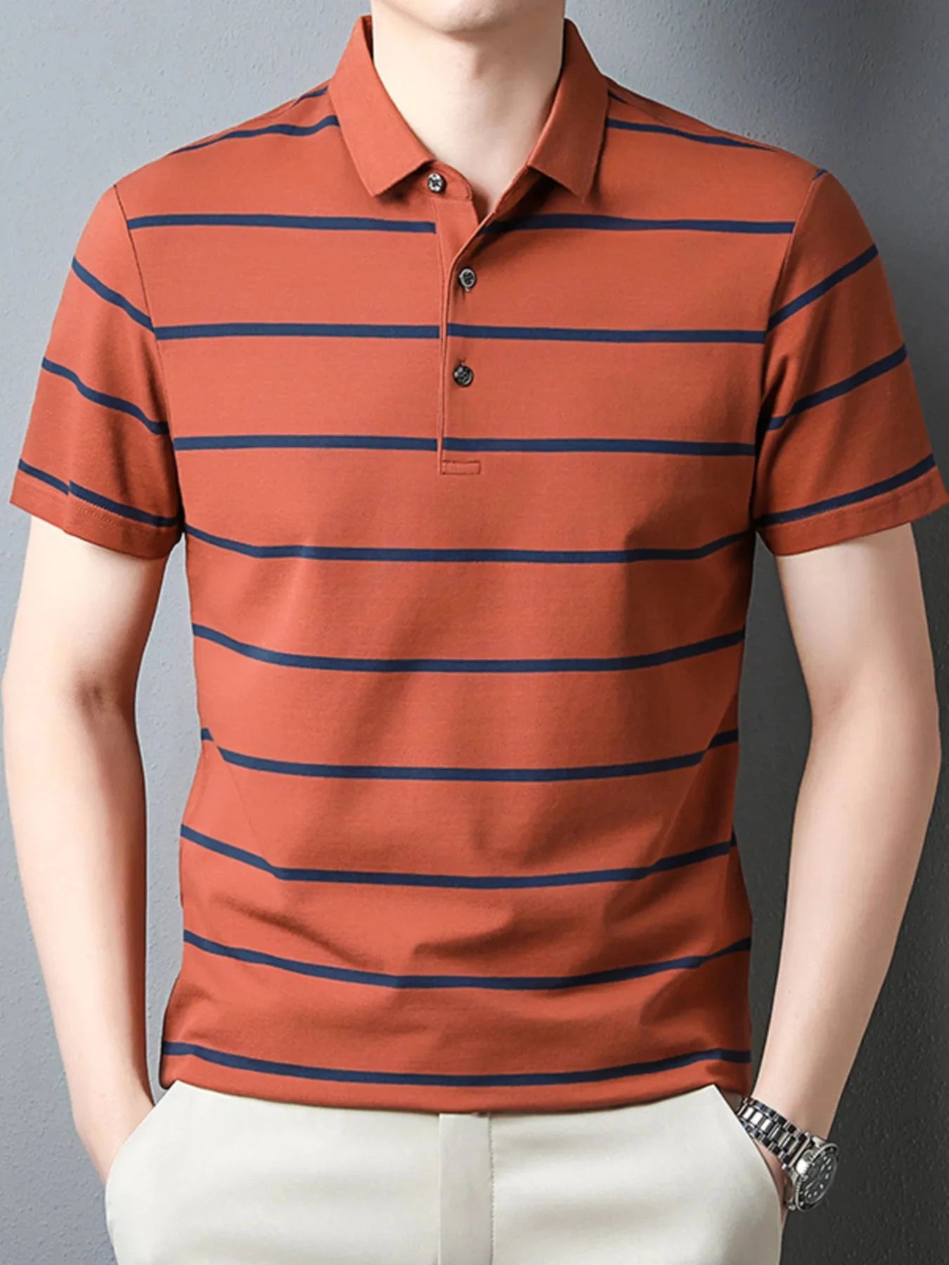 Men's Plus Size Striped Button Detail Short Sleeve Polo Orange Orchid / M