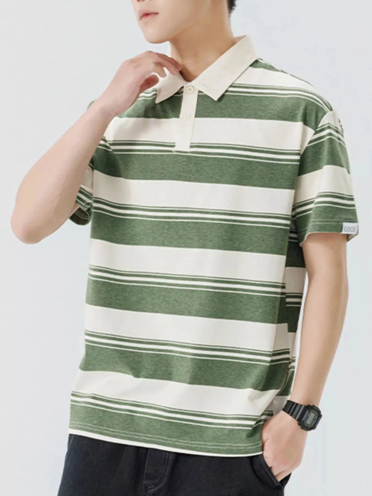 Men's Plus Size Striped Button Detail Short Sleeve Polo Wood Green / M