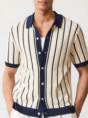 Men's Plus Size Striped Button Down Short Sleeve Shirt Navy / L