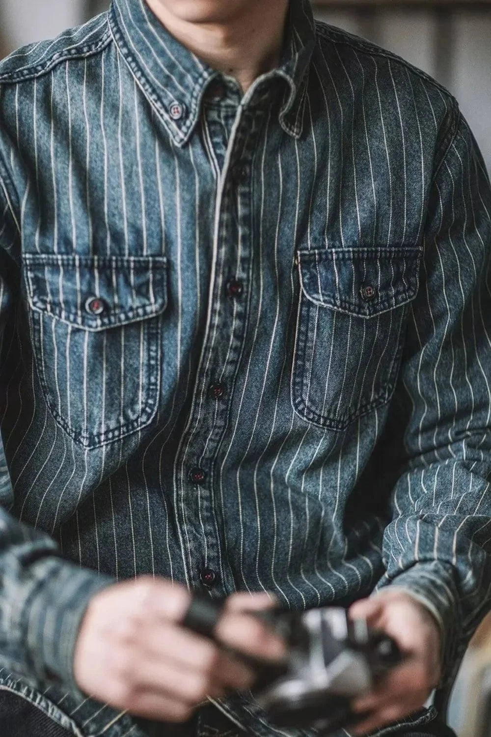 Men's Plus Size Striped Button Up Long Sleeve Denim Shirt Blue / M