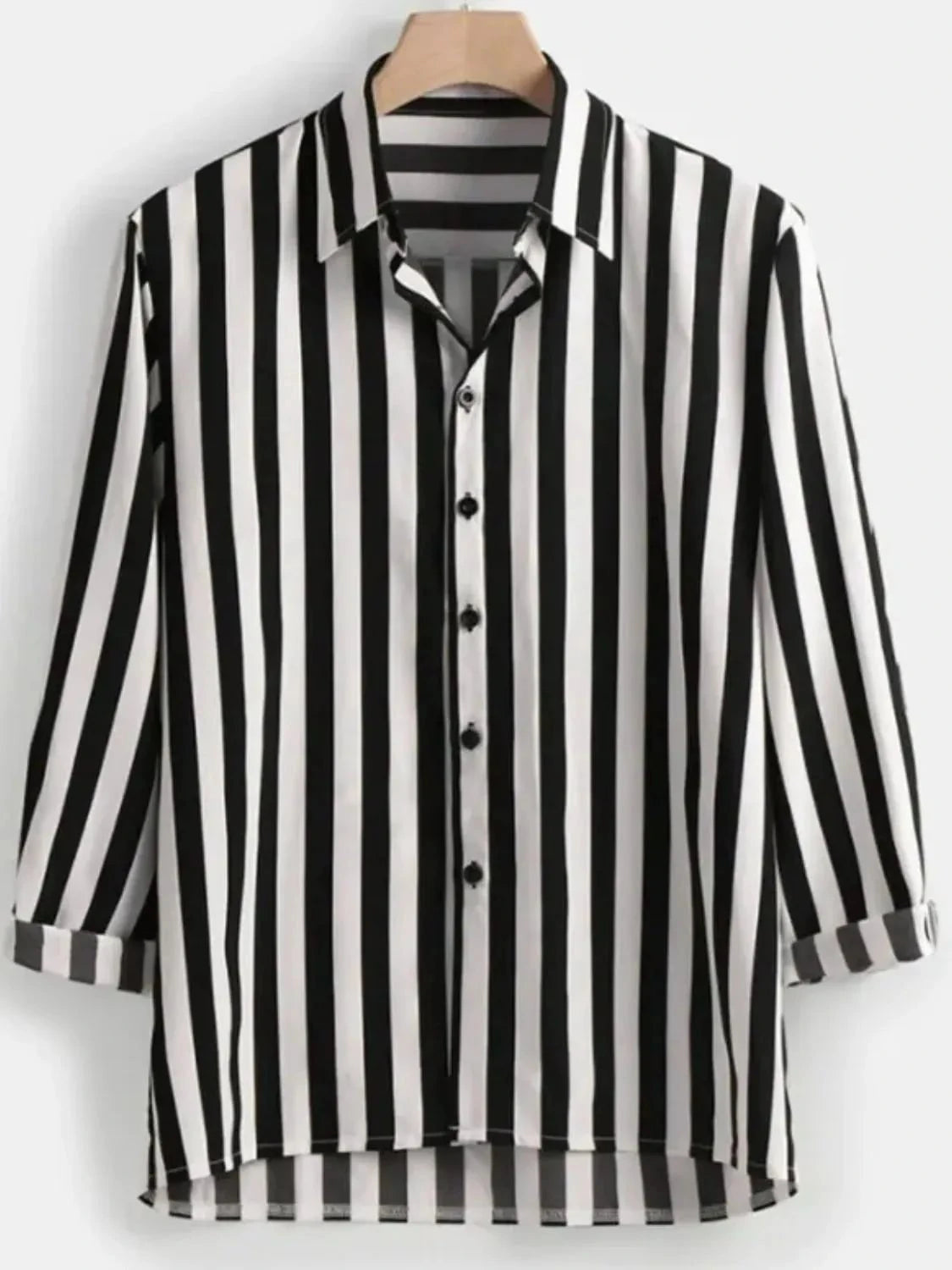 Men's Plus Size Striped Button Up Long Sleeve Shirt Black And White / M