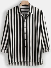 Men's Plus Size Striped Button Up Long Sleeve Shirt Black And White / M