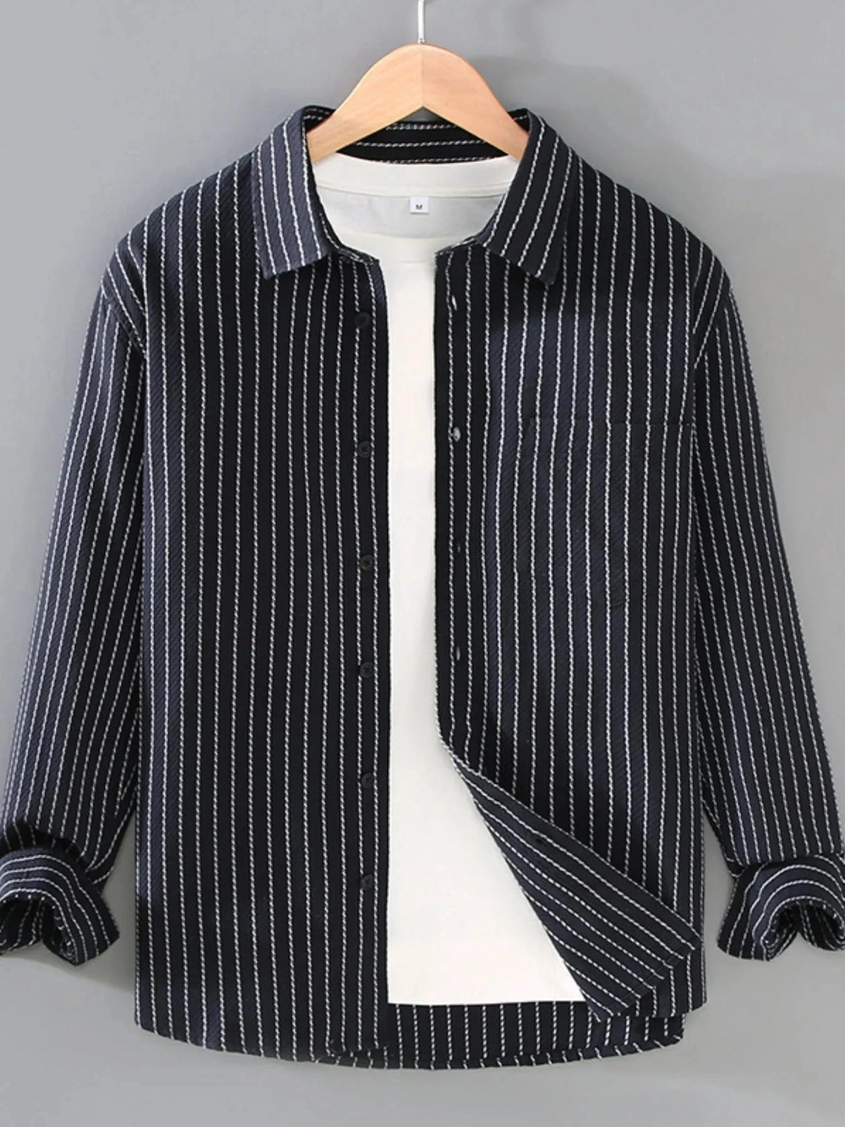 Men's Plus Size Striped Button Up Long Sleeve Shirt Black / M