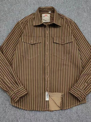 Men's Plus Size Striped Button Up Long Sleeve Shirt Coffee Strips / M