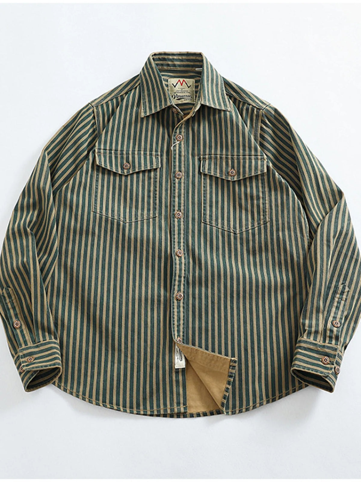 Men's Plus Size Striped Button Up Long Sleeve Shirt Military Green Strip / M