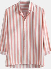 Men's Plus Size Striped Button Up Long Sleeve Shirt Pink White / M