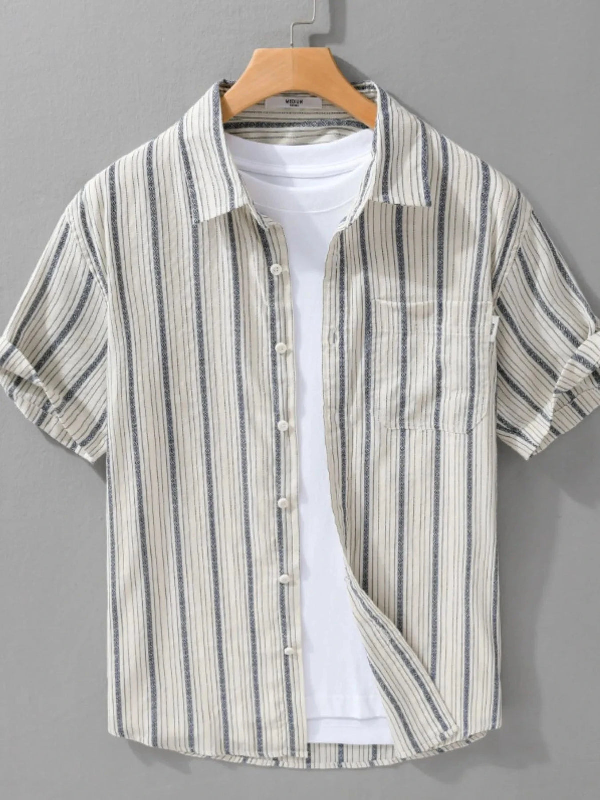 Men's Plus Size Striped Button Up Short Sleeve Shirt Rice White Stripes / M