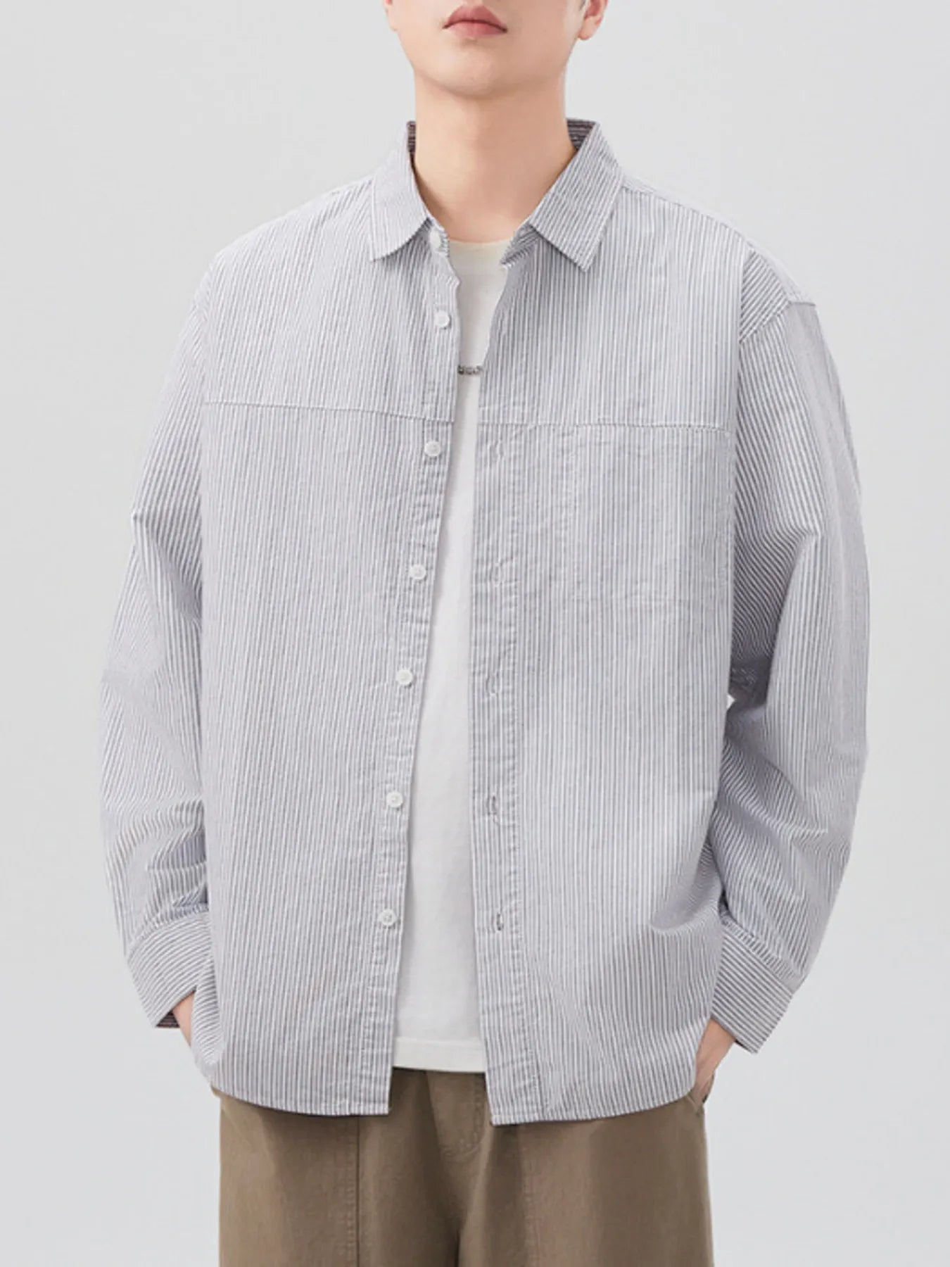 Men's Plus Size Striped Casual Button-Down Shirt Grey / M