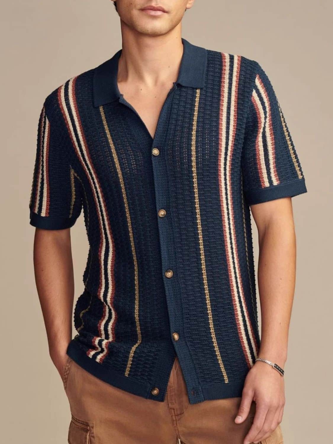 Men's Plus Size Striped Collared Neck Short Sleeve Shirt Navy / 3XL