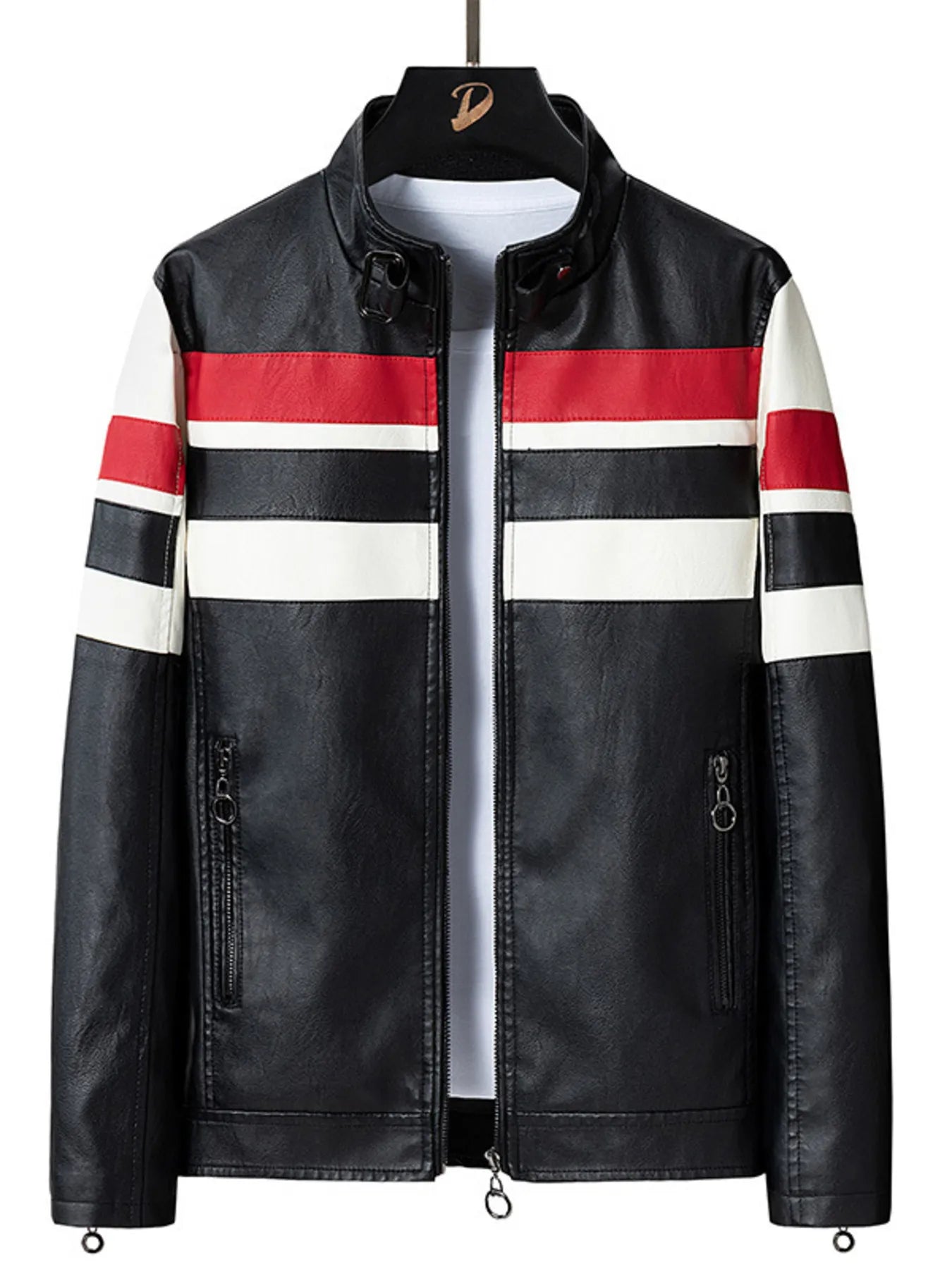 Men's Plus Size Striped Leather Moto Jacket