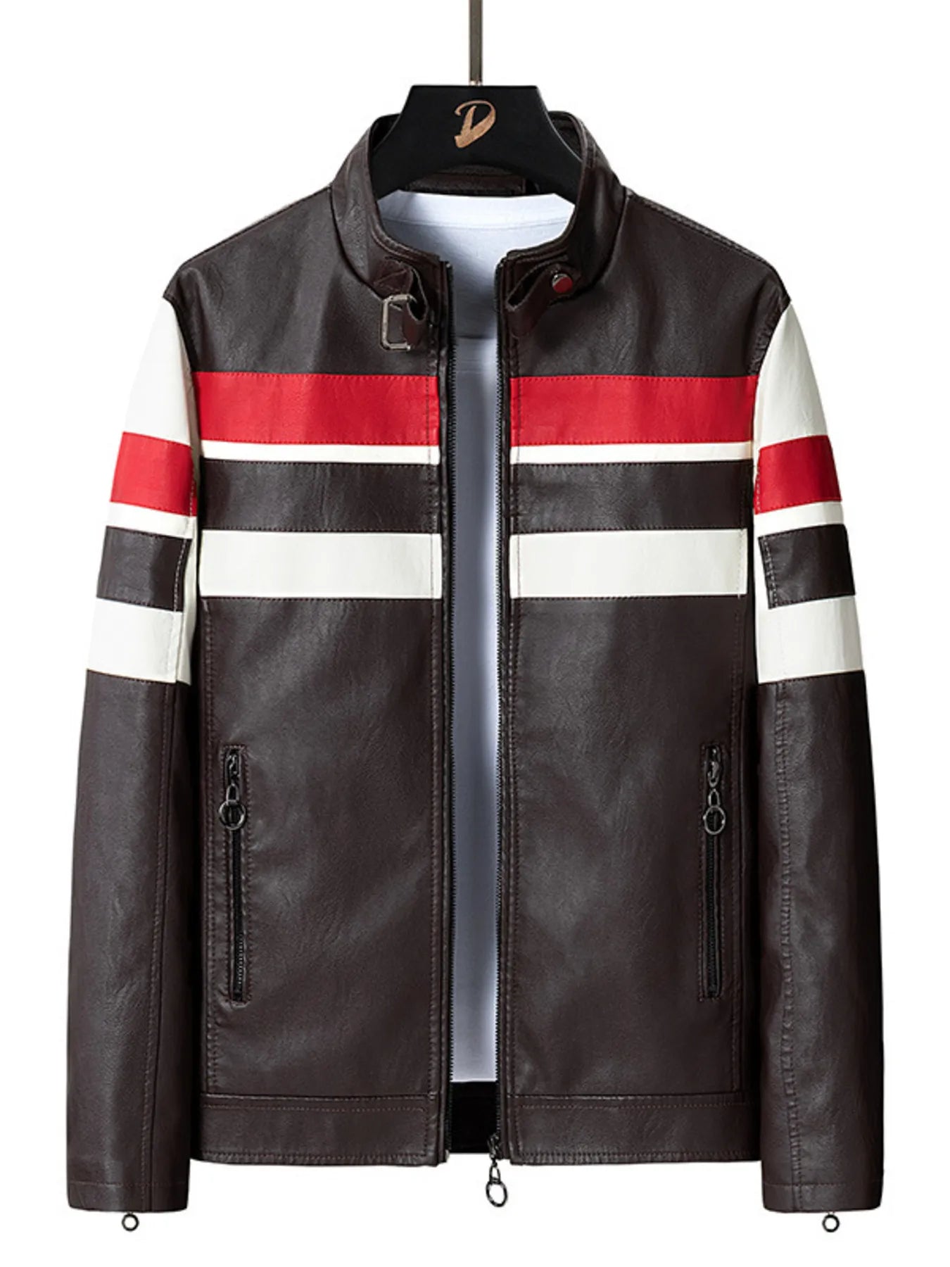 Men's Plus Size Striped Leather Moto Jacket
