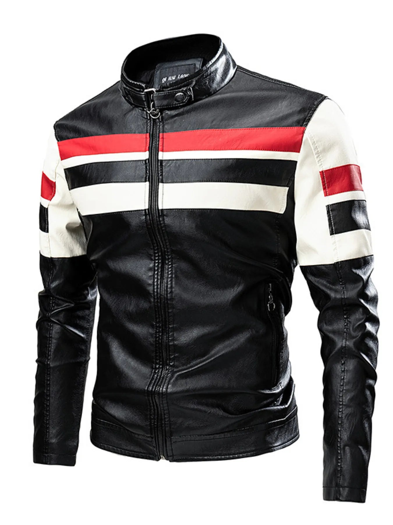Men's Plus Size Striped Leather Moto Jacket Black / M