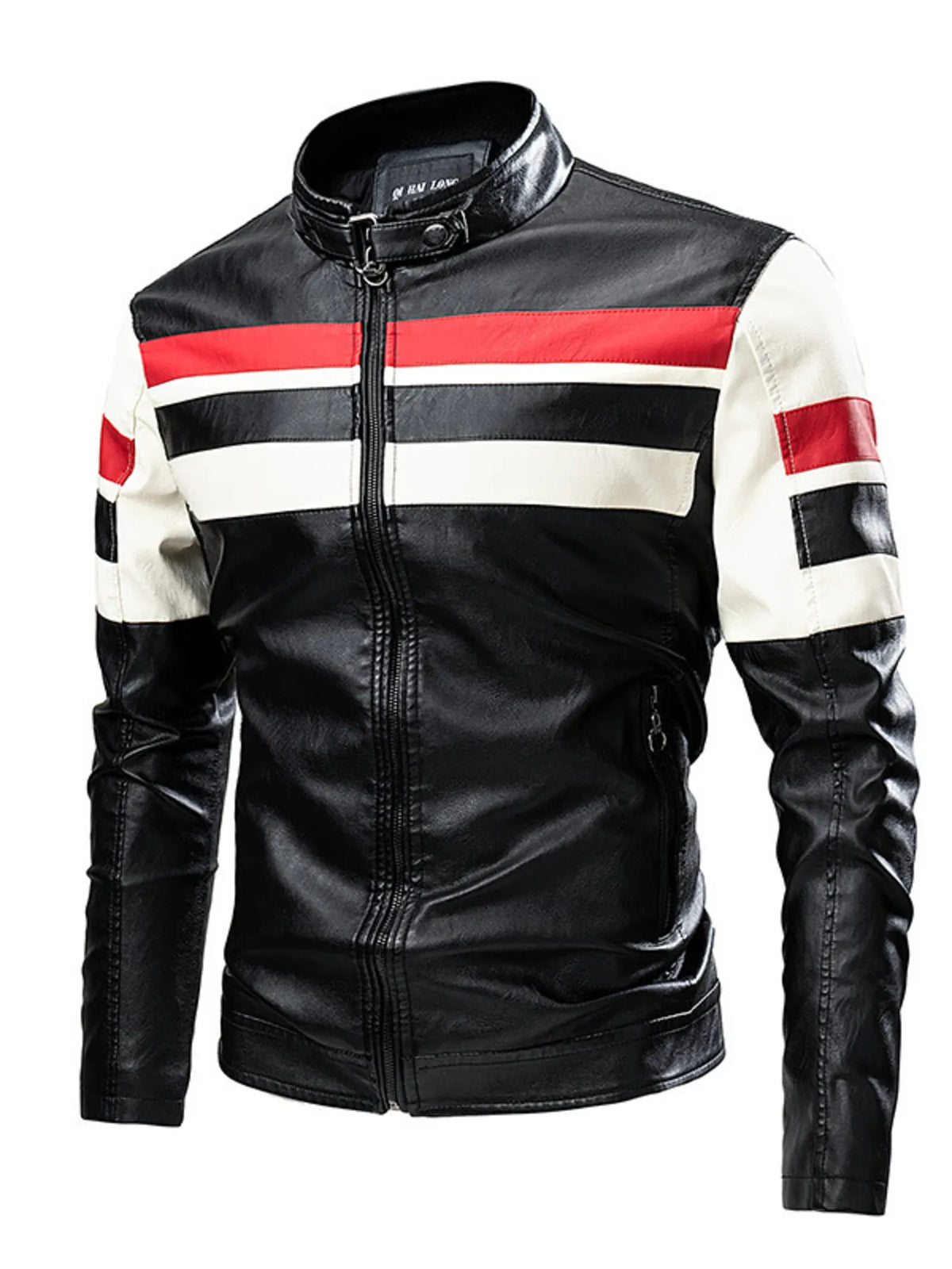 Men's Plus Size Striped Leather Moto Jacket Black / M