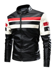 Men's Plus Size Striped Leather Moto Jacket Black / M