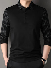 Men's Plus Size Striped Long Sleeve Polo Grey / M