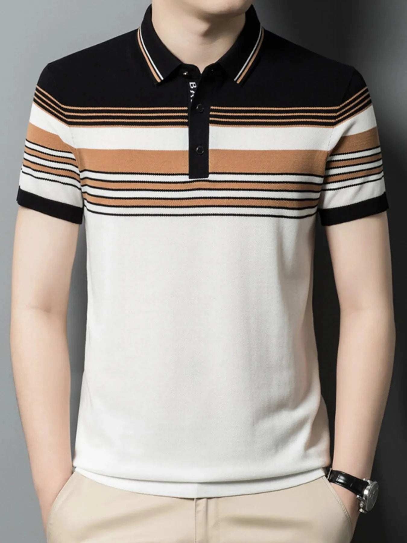 Men's Plus Size Striped Short Sleeve Polo White Camel / 105
