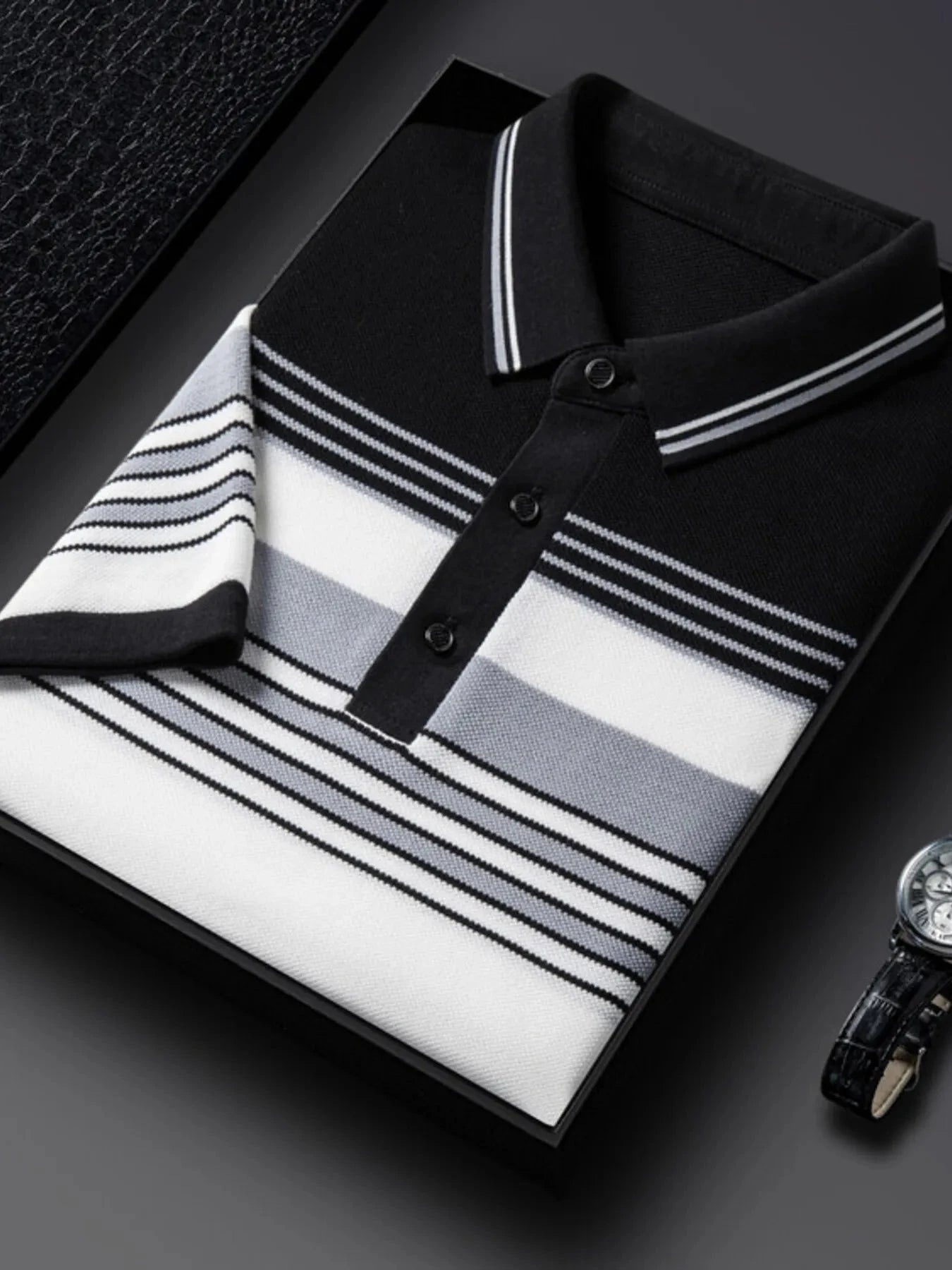 Men's Plus Size Striped Short Sleeve Polo White Gray / 105
