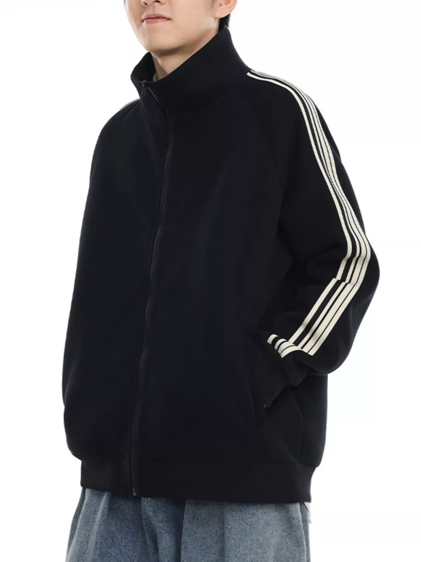 Men's Plus Size Striped Sleeve Zip-Up Sweatshirt