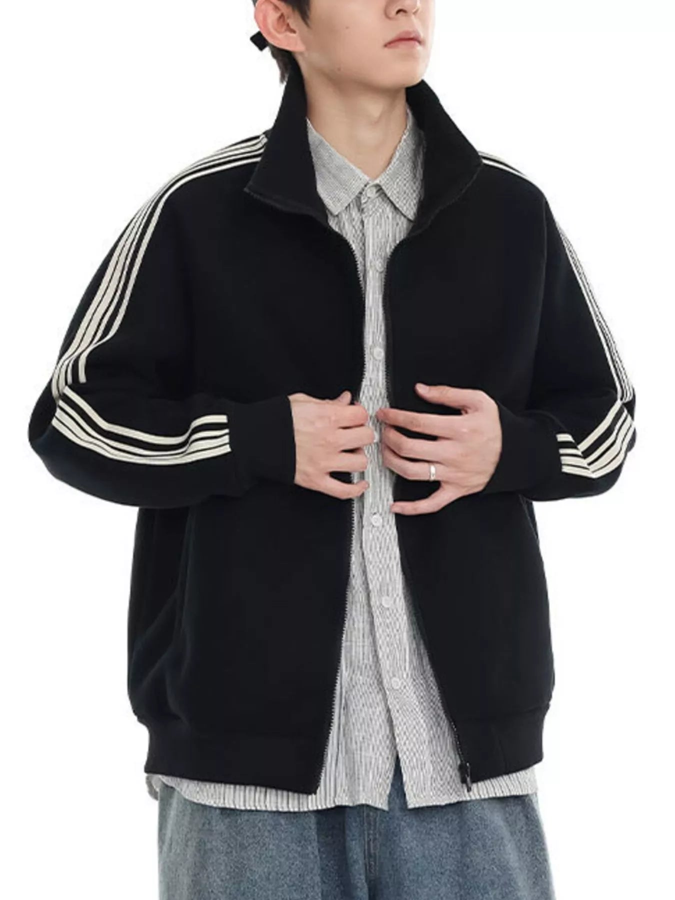 Men's Plus Size Striped Sleeve Zip-Up Sweatshirt