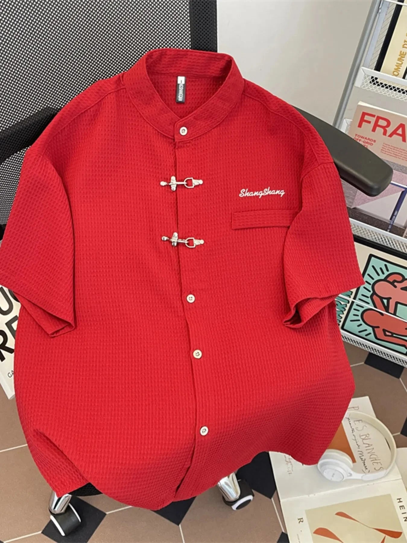 Men's Plus Size Texture Button Up Short Sleeve Shirt Red / M