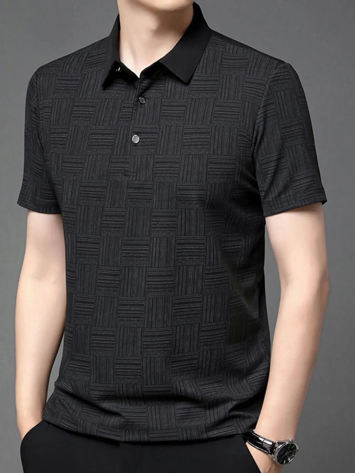 Men's Plus Size Texture Short Sleeve Polo Black / M