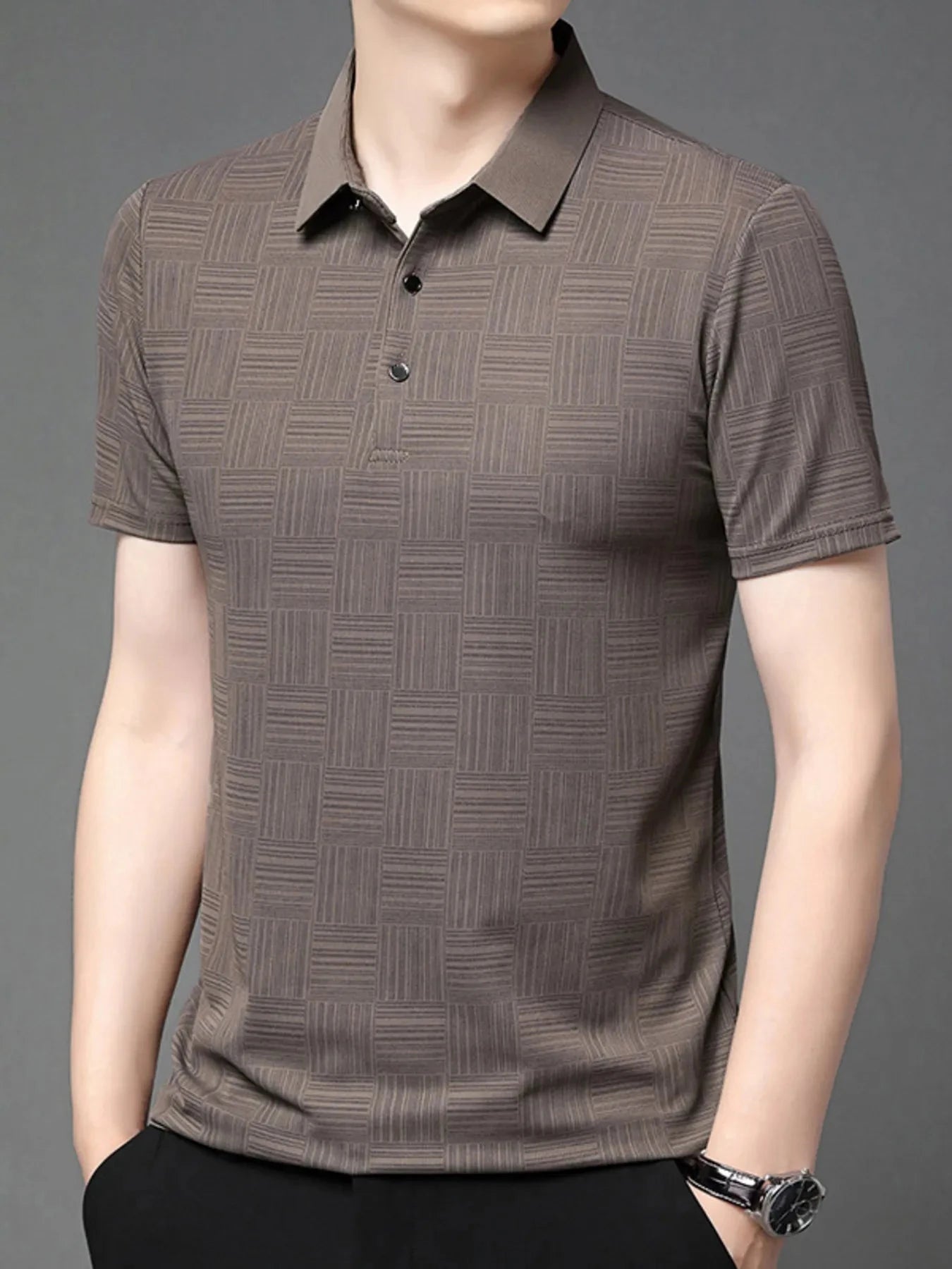 Men's Plus Size Texture Short Sleeve Polo Brown / M